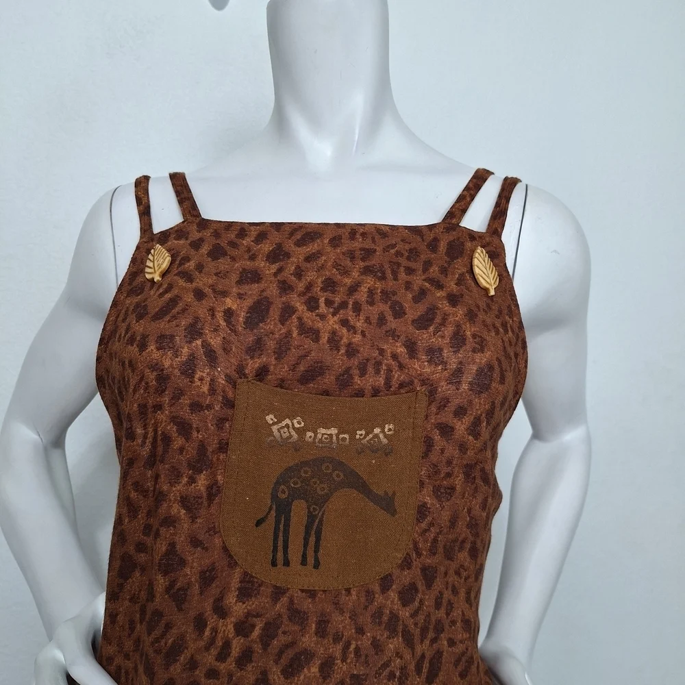 Brown Giraffe Animal Print Linen Boho Bohemian W/Pocket Sleeveless Maxi Dress - Picture 2 of 8